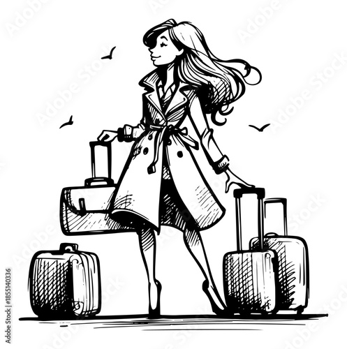 Stylish Woman Traveler with Suitcases - Vector Fashion Travel Sketch