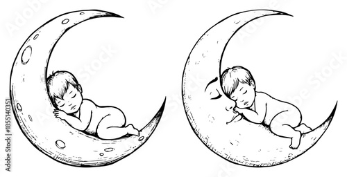Baby Sleeping on Crescent Moon - Vector Cute Newborn Dream Sketch