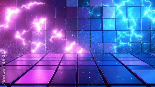 Abstract Digital Background with Blue Purple and Pink Square Tiles and Particle Effects