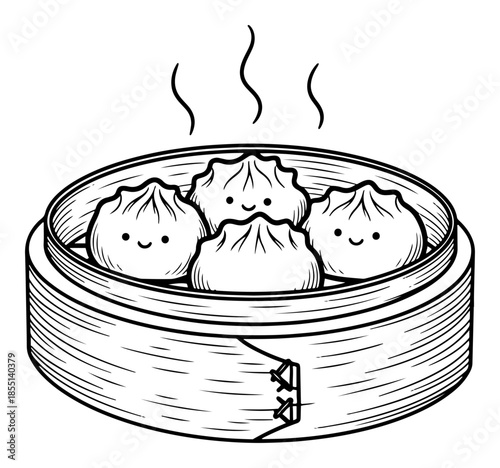 Cute Dumplings in Bamboo Steamer - Vector Asian Food Sketch