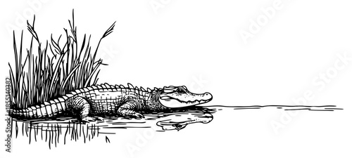 Crocodile Lying on River Bank - Vector Wild Reptile Sketch