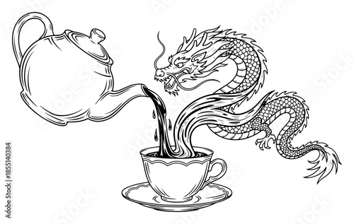 Teapot Pouring Dragon Tea into Cup - Vector Magical Drink Sketch