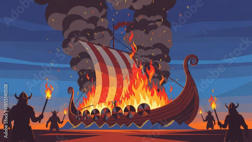 Viking Ship on Fire: A historical depiction of a Viking ship consumed by flames, with silhouetted figures observing the fiery spectacle. A powerful visual of a Viking ship on fire.