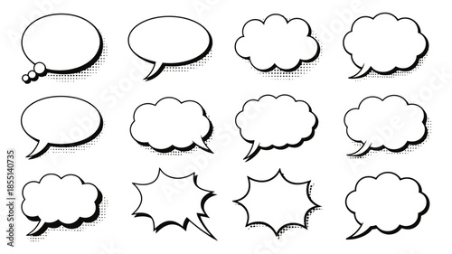 A diverse collection of hand-drawn comic speech bubbles and thought balloons for dialogue