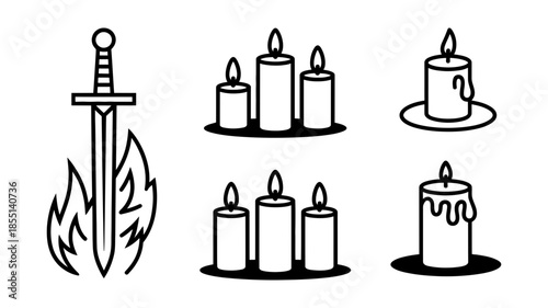 Illustrative vector icons featuring a flaming sword alongside assorted burning candles in a collection.