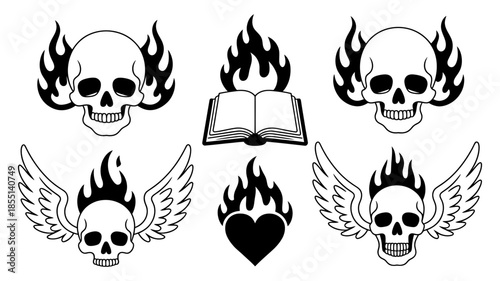 Collection of graphic vector illustrations featuring flaming skulls, winged skulls, and burning symbols