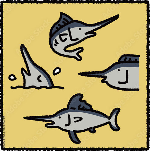 Cute Swordfish Cartoon Illustration Set