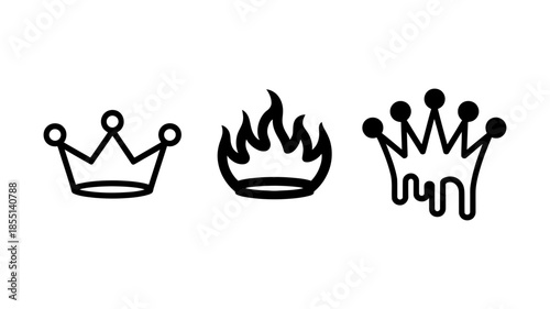 Three distinctive line art icons: classic crown, fiery flame, and melting crown design