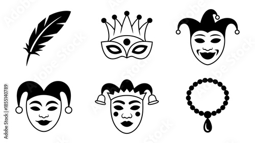 Collection of black and white carnival, masquerade, and celebration themed icons