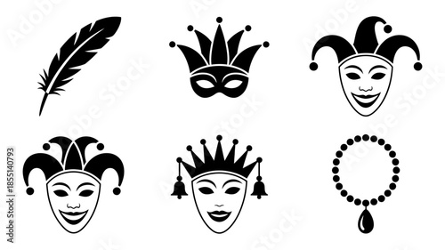 Collection of festive masquerade and jester themed icons for carnival celebrations