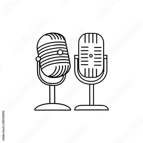 Vintage Retro Microphone Line Icons - Podcast and Radio Broadcast Vector