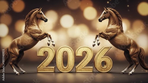 A photorealistic 3d rendering of two majestic brown horses rearing up, flanking the large golden 