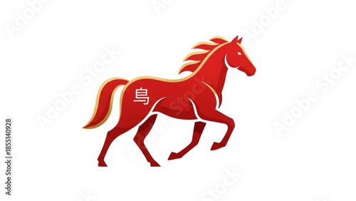 Red horse with gold accents and chinese character on body running right