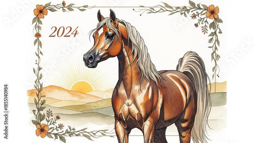 A beautiful brown horse with a long mane and tail standing in a desert landscape with flowers and a sunset background 2024