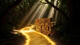 Motivational quote typography over ultra realistic golden path through dark forest with dramatic light rays, clarity and purpose mindset concept, premium stock image