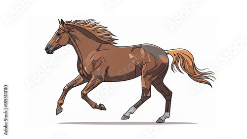One brown horse running fast with long mane and tail on white background