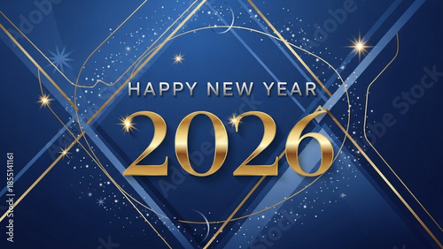 Happy new year 2026 gold text on dark blue background with sparkles and lines