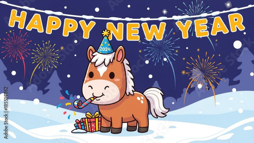 Happy new year celebration with cartoon horse wearing party hat blowing horn surrounded by fireworks and gifts in snowy landscape at night