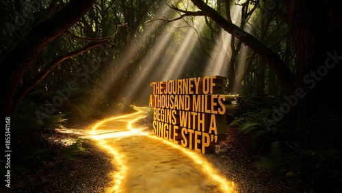 Motivational quote typography over ultra realistic golden path through dark forest with dramatic light rays, clarity and purpose mindset concept, premium stock image