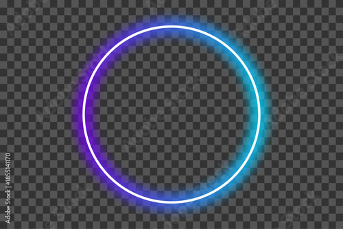 Neon glowing purple and blue gradient round circular outline frame on transparent background. Glowing border with futuristic neon effect. Shining circle frame with empty center. Vector illustration.