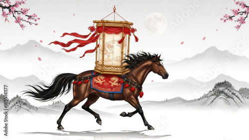Brown horse with red decorated lantern on back running in snowy landscape with cherry blossoms and mountains