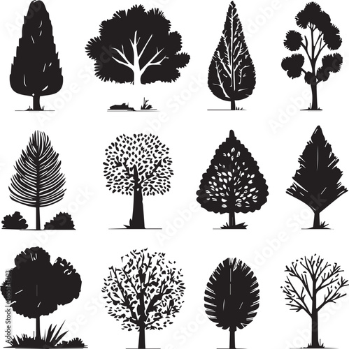 Black silhouette potted tropical houseplants collection isolated on white background