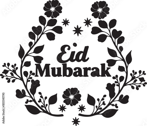 Eid Mubarak Floral Crest with Bold Typography and Botanical Border
