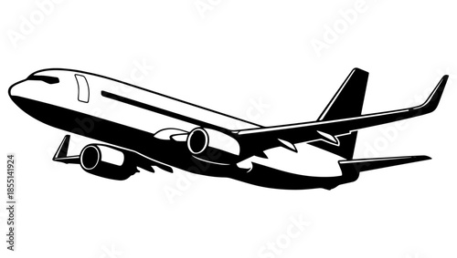 Stylized Jet Airplane in Flight, Modern Aviation Illustration, jet airplane illustration, airplane in flight, aviation vector, air travel graphic, commercial aircraft illustration, black and white air
