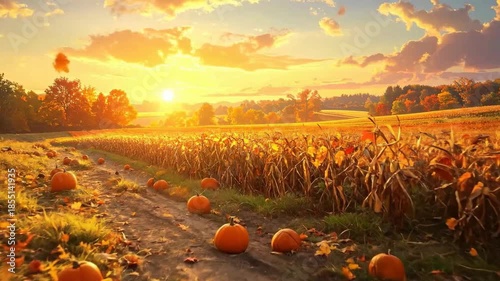 Autumnal Landscape With Sunlit Field And Pumpkins Against Golden Sunset