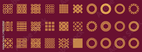 Chinese traditional patterns and round frames set, gold decorative elements on maroon background.