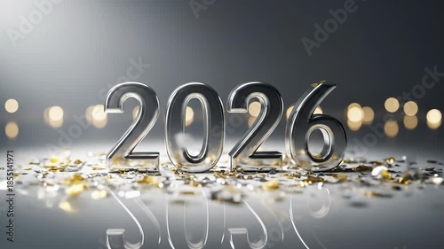 The shiny silver number 2026 stands prominently on a reflective surface, surrounded by golden confetti and warm, dramatic bokeh lights in a dark studio setting.