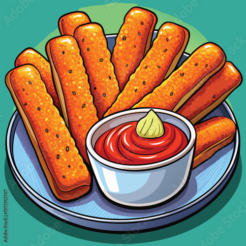 Crispy fried food sticks served with ketchup and mustard.