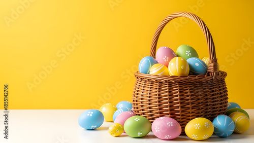 Easter basket filled with colorful eggs on yellow background