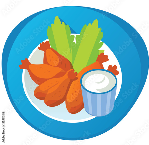 Cartoon plate of chicken wings with celery and dipping sauce