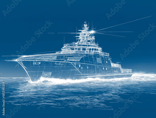 Yacht Blueprint: A detailed blueprint of a luxury yacht glides across the water, its intricate design illuminated against a deep blue sea.
