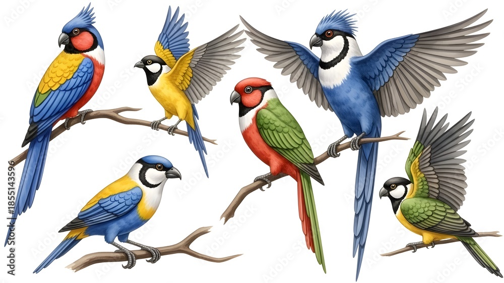 Obraz premium Vibrant illustration of six colorful parrots and macaws on branches