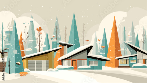 Mid-century modern homes nestled in a snowy winter landscape.