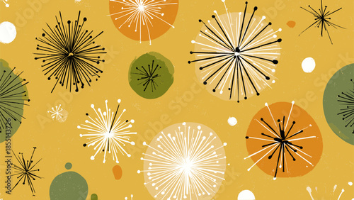 A retro-inspired mid-century modern seamless pattern with abstract starbursts and circles on a mustard yellow background.
