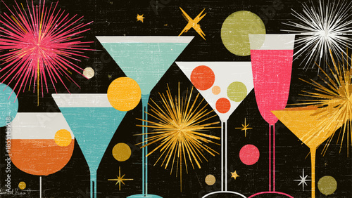 Vibrant Cocktail Glasses with Festive Drinks.