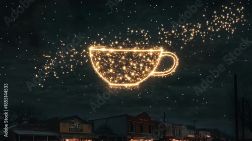 Glowing coffee cup sparks in night sky over townscape