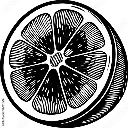 Sliced grapefruit in black and white detailed illustration  