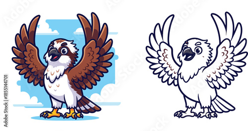 Cute Cartoon Osprey or Hawk Spreading its Wings against a Blue Sky and Clouds, Kids Illustration of a Friendly Bird of Prey Character for Education and Design Projects