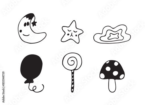 set of children's drawings. Moon, star, cloud, balloon, lollipop, and mushroom. Stickers isolated on a white background. Vector illustration