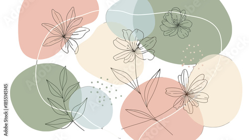 Abstract Floral Elements with Line Art Flowers and Leaves, Pastel Organic Shapes in Bright Studio