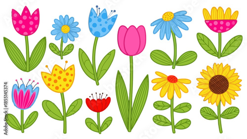 Bright and colorful cartoon stylized flowers and sunflower border on isolated white background