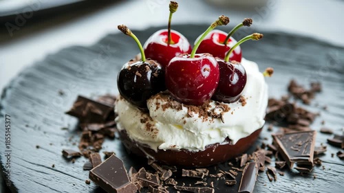 Delicious cherryinfused dessert on textured plate with dark chocolate garnishg