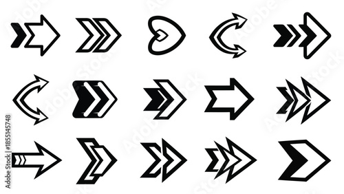 Collection of diverse black and white arrow icons for design and navigation