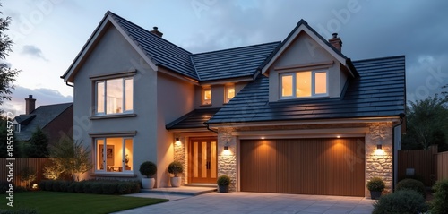 New UK detached house exterior at dusk. Modern architecture, residential property for sale. Luxury suburban home, warm lights glow from windows, driveway ready for cars.