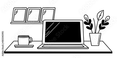 Modern Minimalist Workspace with Laptop, Coffee Cup, and Plant