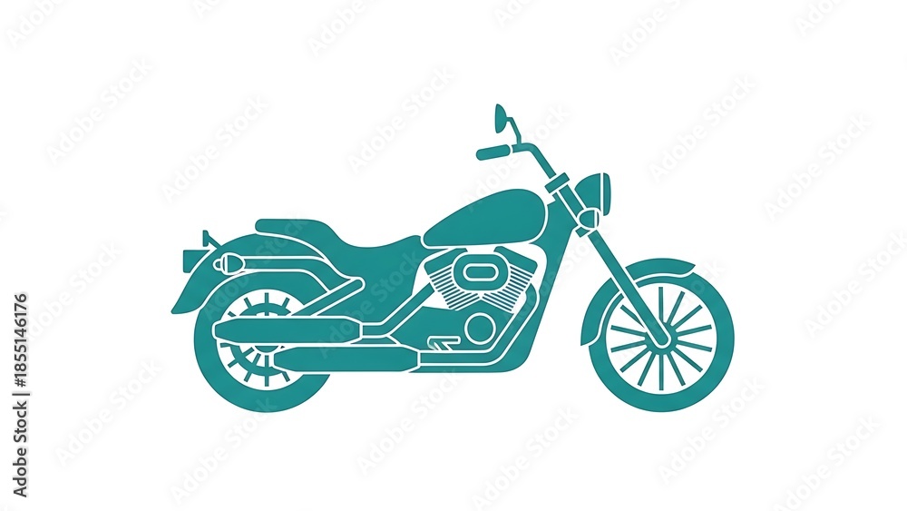 Fototapeta premium A teal-colored icon illustration portrays a classic cruiser motorcycle with a distinctive outline against a crisp white backdrop.